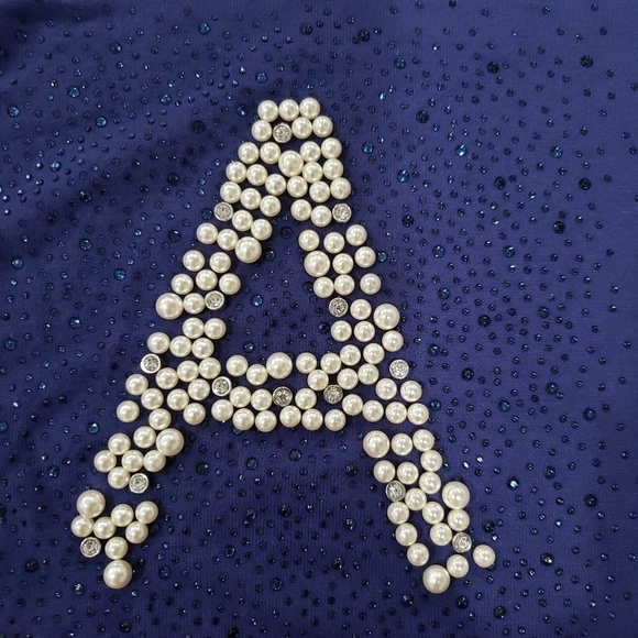 Blue Long Sleeve Faux Pearls Embellished Letter A Pullover Sweatshirt - Picture 5 of 11